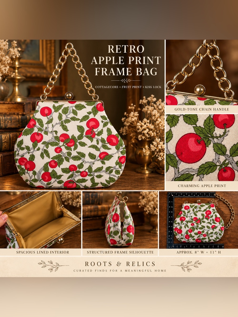 Retro Apple Print Frame Purse Gold Chain Kiss Lock Cottagecore Handbag